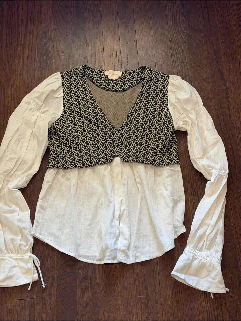 Anthropologie Black Knit V-Neck Overlay Blouse with White Woven Sleeves